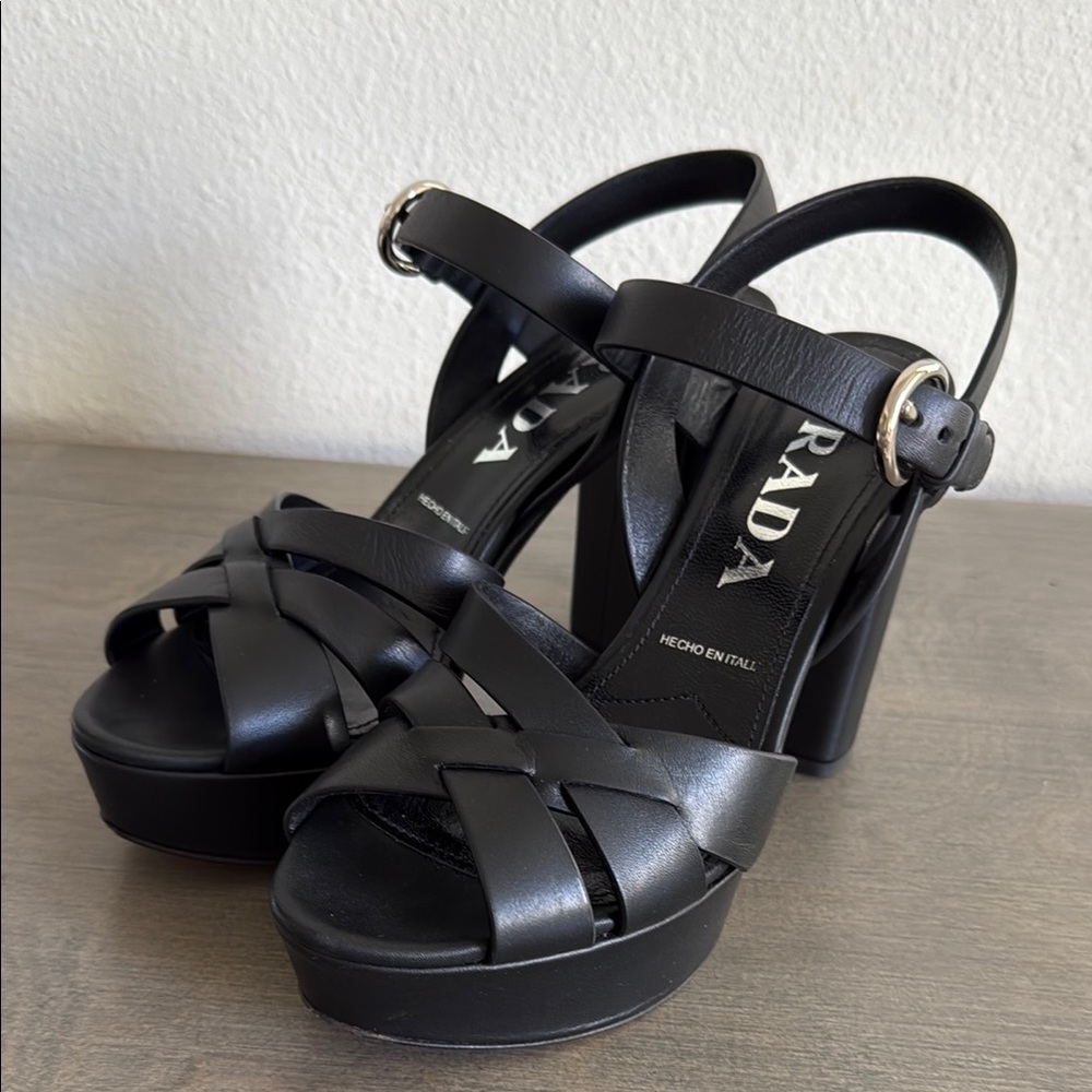 Prada Women's Black Leather Heeled Sandals